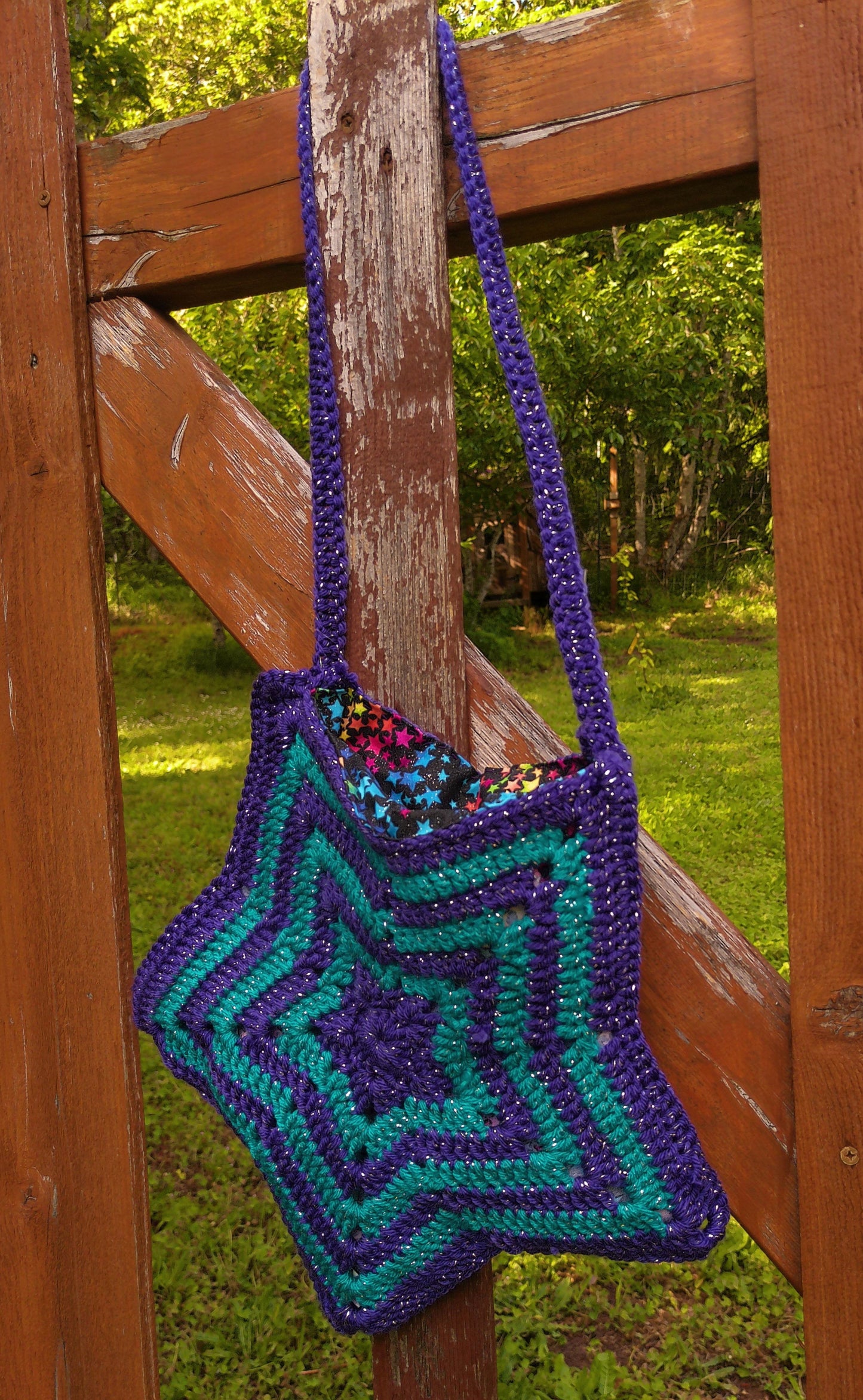 Crochet Sparkly Star Bag – Purple & Blue